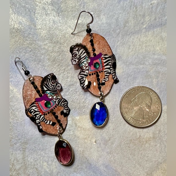 Handpainted zebra carousel horse earrings Sterling crystals OOAK - Picture 5 of 6